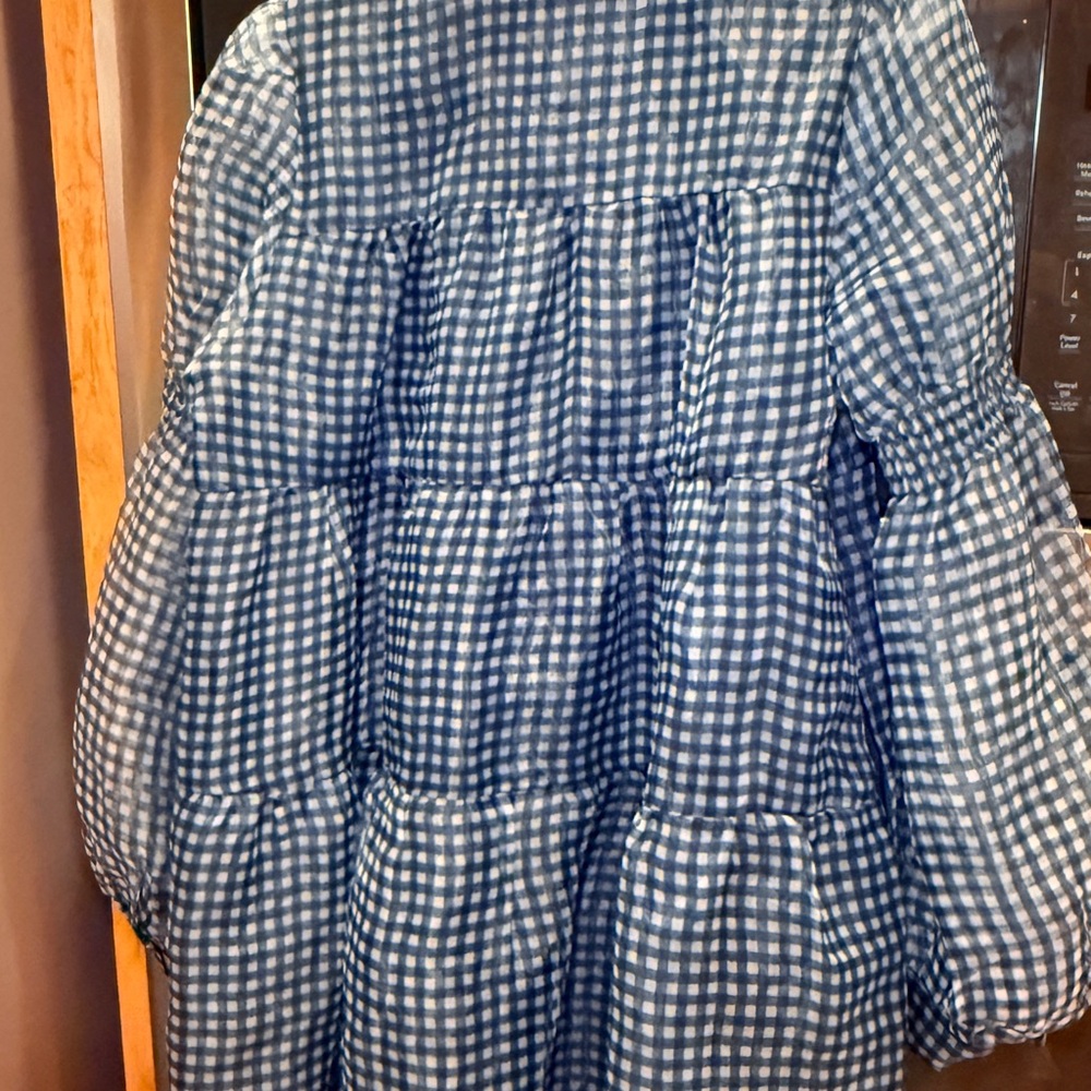 Listicle navy plaid button-down sheer tiered mini dress with puff sleeves.  Sz M - Picture 11 of 15